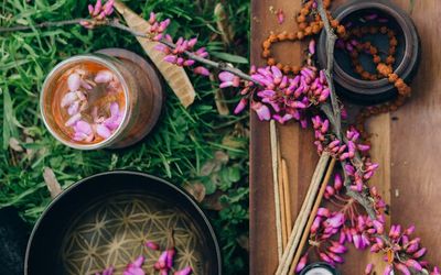 A rolled-up yoga mat and a small plant, creating a peaceful atmosphere.